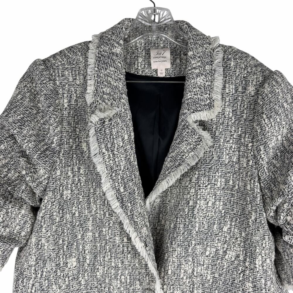 Cinq a Sept Erin Fringed Boucle Tweed Blazer Jacket Black Ivory Size 12 - Picture 5 of 12